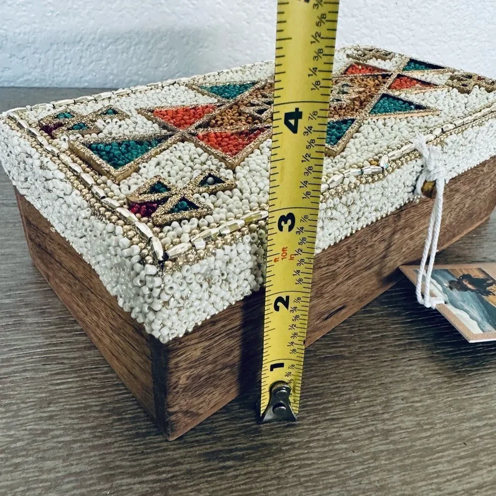 Southwest Western Aztec Tribal Beaded Teal Orange Gold Decor Storage Box